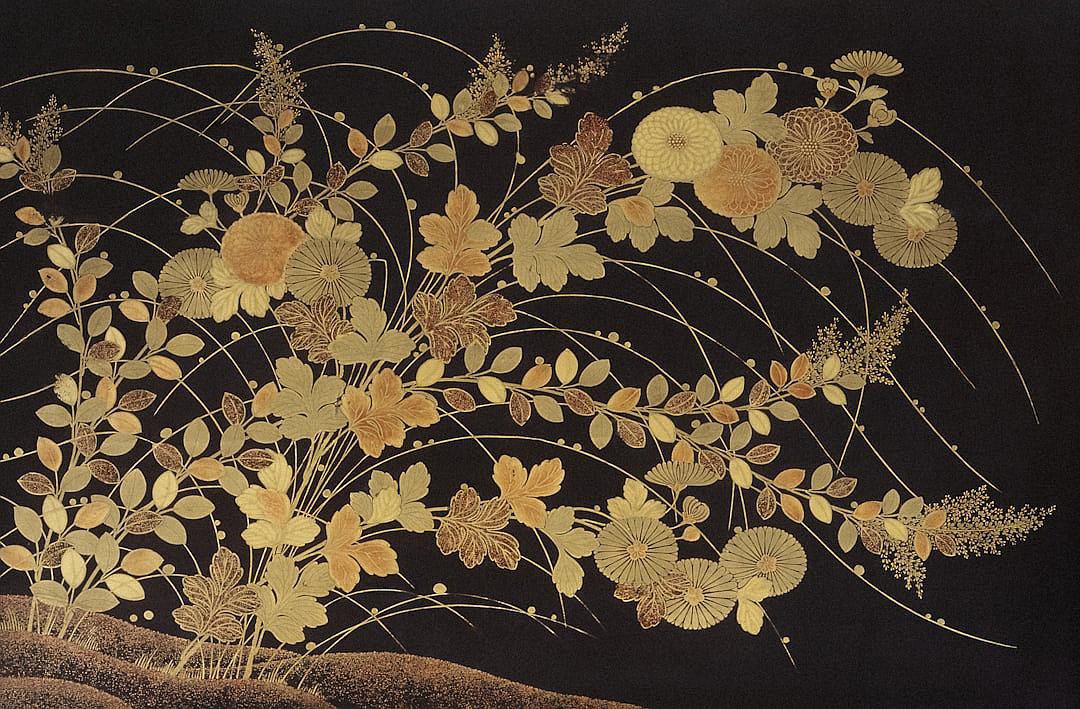 Goldleaf art depicting flowers and grasses, Japanese black background with subtle gold accents, by [Hokusai](https://goo.gl/search?artist%20Hokusai)