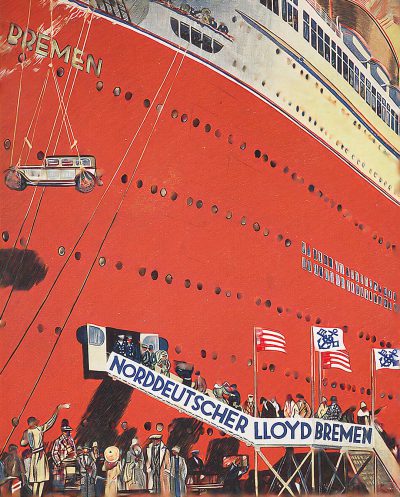 A large vintage poster of the massive ocean liner "NORDEVI gon Bshaften" in red, white and blue colors with an entrance area on deck where people line up to board onto a small staircase to get into the ship's richly decorated lobby, flags of Germany and America, text is written across one side " Garrison necmmen", there is also a cargo car floating next to it with a banner saying L coincerWAckers e헹& i8��nINDER. The painting style should be like that of Thomas Gerome or [Maxfield Parrish](https://goo.gl/search?artist%20Maxfield%20Parrish).