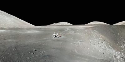 a panoramic view of the moon's surface with small rocks and mountains, a white lunar rover is visible in far distance on right side of frame, the ground has no atmosphere, black sky background, photorealistic,