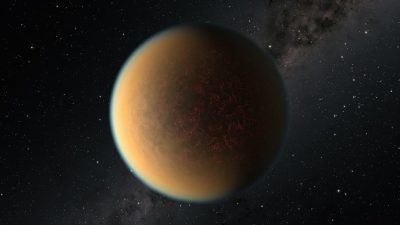 an exoplanet with an atmosphere of yellowish brown, red dust and dark space in the background