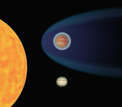 Three planets, with the sun on one side and Jupiter in front. The planet's blue ring is clearly visible. A small yellow gas giant sits between them.