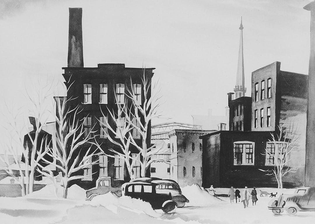 black and white watercolor drawing of the outside view from across an empty street. In front are three buildings with black metal smokestacks on top, snow covered ground, children playing around, vintage cars parked nearby, simple shapes, simple lines, minimalistic, in the style of vintage art.