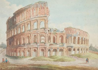 Watercolor, pastel colors drawing of the Colosseum in Rome, in the style of Jean Boucher and [John James Audubon](https://goo.gl/search?artist%20John%20James%20Audubon)