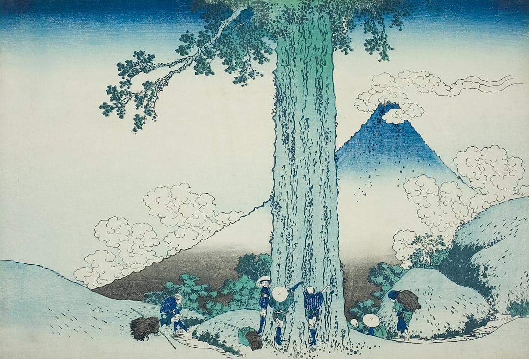 A tall tree with people climbing it, in the style of [Hokusai](https://goo.gl/search?artist%20Hokusai) print of the Ukiyo-e art in blue and green tones with a white background, Mount Fuji is visible behind the mountain, some small clouds can be seen in the sky.