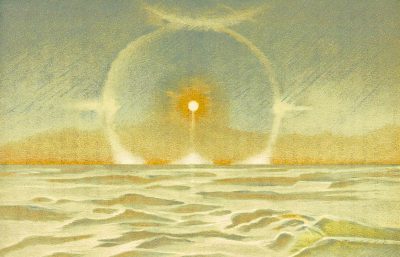 A vintage color drawing of the sun rising over an ocean, with two glowing rings around it, representing creation and life