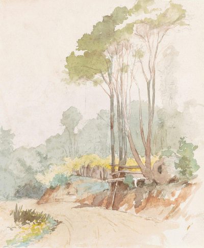 watercolor landscape with trees and shrubs on the side of an old road, a small wooden bridge over a stream in the background, muted colors, in the style of Paul Cezanne, [John Singer Sargent](https://goo.gl/search?artist%20John%20Singer%20Sargent) watercolors