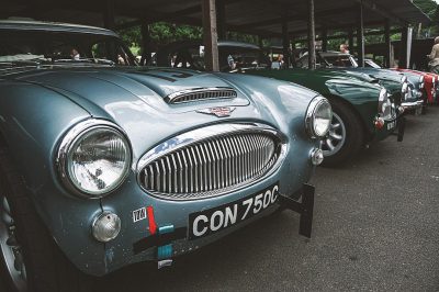 A line of classic cars were parked at the Goodwood Festival of Speed. One car was an old blue sports car with "Tunesn" written on its grill and another green sports car with white numbers on its license plate.