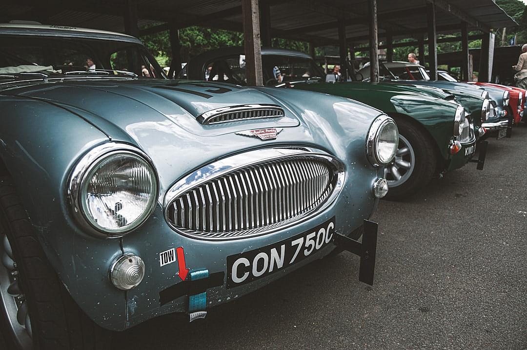 A line of classic cars were parked at the Goodwood Festival of Speed. One car was an old blue sports car with “Tunesn” written on its grill and another green sports car with white numbers on its license plate.