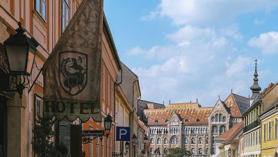 Photo of an old town viewed from the front with buildings made from pastel colors, with a medieval sign saying "HOTEL" and the coat of arms of [Studio Ghibli](https://goo.gl/search?artist%20Studio%20Ghibli) company on one side of the street, a sunny day with a blue sky and clouds, buildings depicted in the style of old hotel restaurant signs and lamp posts, buildings in Budapest, photo taken with a Sony Alpha A7 III camera in natural light, bright colours, detailed architecture, high resolution.