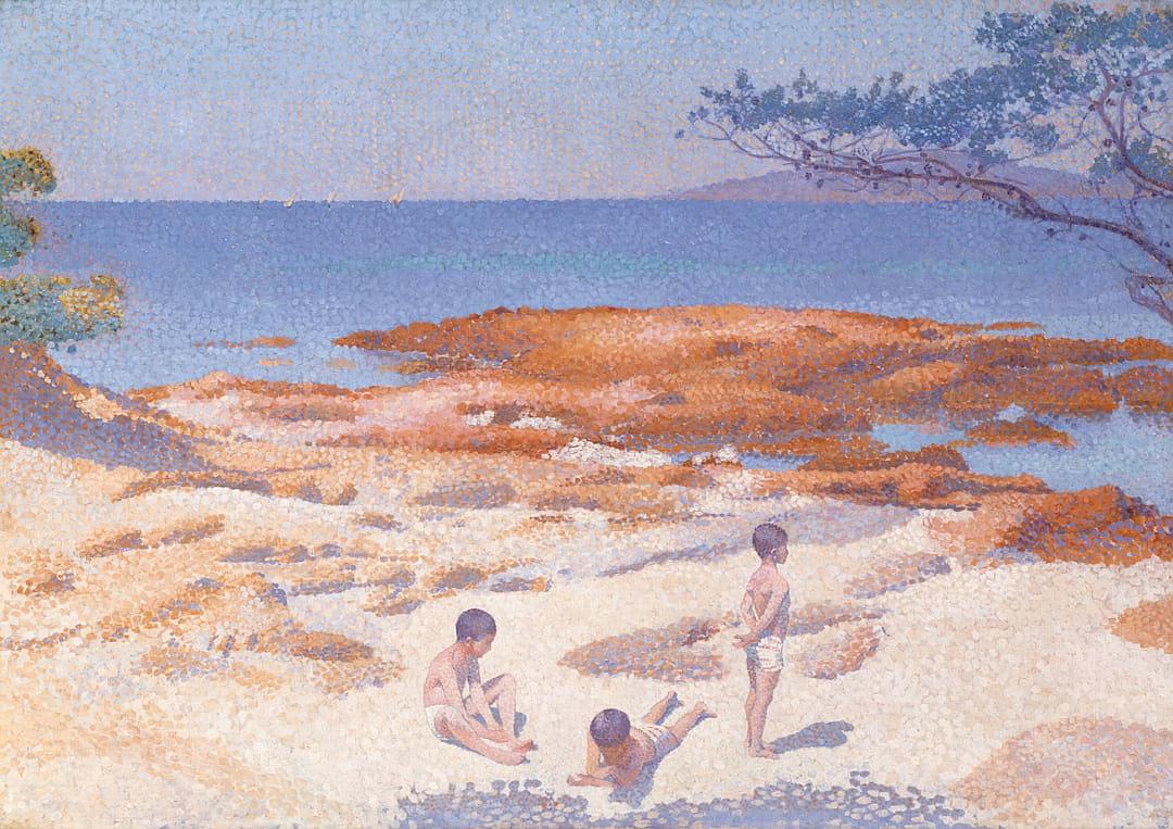 An oil painting in the style of HenriEdmond Cross of children playing on the beach, the background is an ocean and rocky coast in front of it, the sun shines brightly on them, in the style of Leansenloosse, muted colors, pointillism, art nouveau.