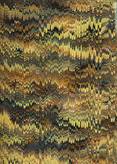 A closeup of an intricate pattern in the style of marbling, composed entirely from small dots and lines in hues of mustard yellow, deep blue, forest green, and rich brown, textured like ancient parchment or marble, creating a sense of depth and movement.