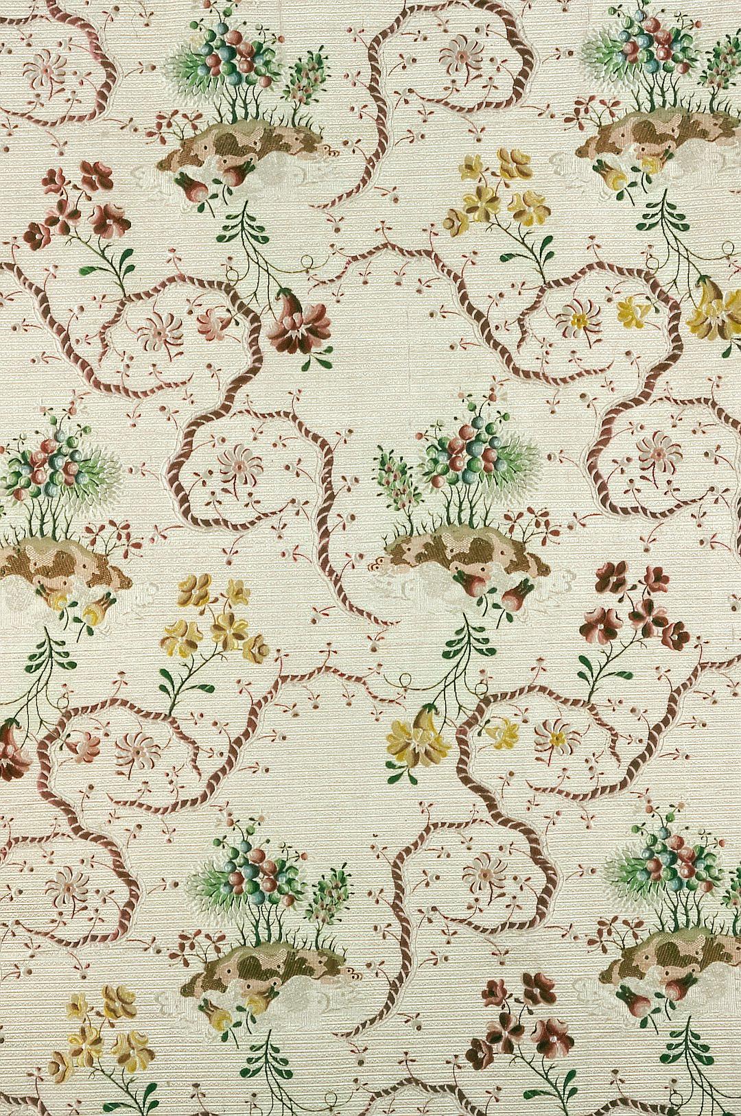 Vintage wallpaper of white linen with small brown vines and flowers, brown swirling lines, in the style of antique American folk art and a vintage aesthetic, beige green red yellow purple pink blue orange, pastel colors, cream background, vintage-inspired designs, soft atmospheric scenes, heavy brushwork, romantic illustrations on wavy resin sheets.