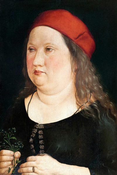 A medieval portrait of an ugly, fat woman with a red cap and black dress holding flowers, in the style of Albrecht Durer.