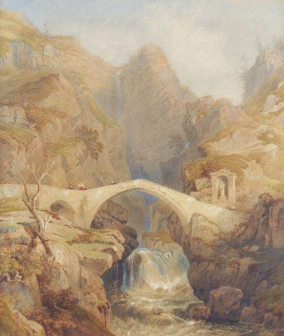 An ancient stone bridge over a river in an alpine valley, with small Greek temples and statues on each side of it, painted in the style of [William Turner](https://goo.gl/search?artist%20William%20Turner).