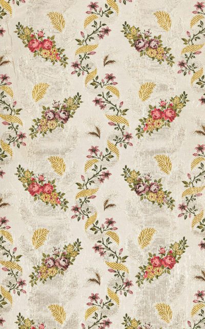 Shabby chic floral and corn motif on ivory linen fabric with distressed edges, antique floral print in the style of linen texture, yellow pink green tone, vintage style.