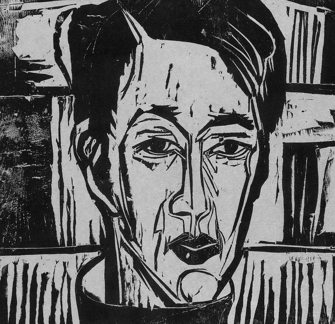 woodcut print of the face and upper body portrait of an attractive woman with short hair, looking straight ahead through prison bars, in the style of expressionist monochrome