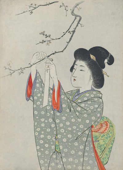 A Japanese woman dressed in Ukiyoe style  is holding plum blossoms and looking at them, wearing an elaborate kimono with red patterns on the sleeves of her arm, which has floral patterned embroidery on it. She stands under a branch of cherry blossom tree, with one hand hanging down to touch its petals. The background features light gray paper, creating a traditional woodblock print effect. Her expression reflects joy as she gazes curiously at the flowers. in the style of [Hokusai](https://goo.gl/search?artist%20Hokusai).