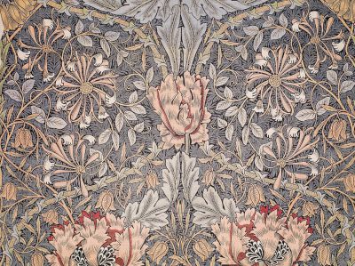 A beautiful medieval tapestry in the style of [William Morris](https://goo.gl/search?artist%20William%20Morris) with grey and pink colors featuring a floral pattern with tulips and roses.