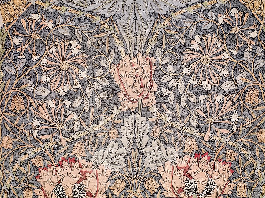 A beautiful medieval tapestry in the style of [William Morris](https://goo.gl/search?artist%20William%20Morris) with grey and pink colors featuring a floral pattern with tulips and roses.