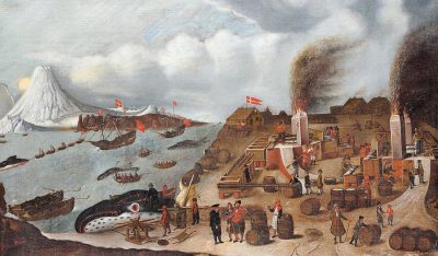 Oil painting of an early Dutch scene showing people building large wooden silos for carrying whales, with ships in the background and some flying red flags, on a sea shore near a small town, surrounded by snowcapped mountains, with smoke coming from chimneys and a bar ritual at the far right corner, people around are loading whales into silos, one whale is laying on its back, and another can be seen being led out to boats. In the style of golden age aesthetics, detailed oil paint.