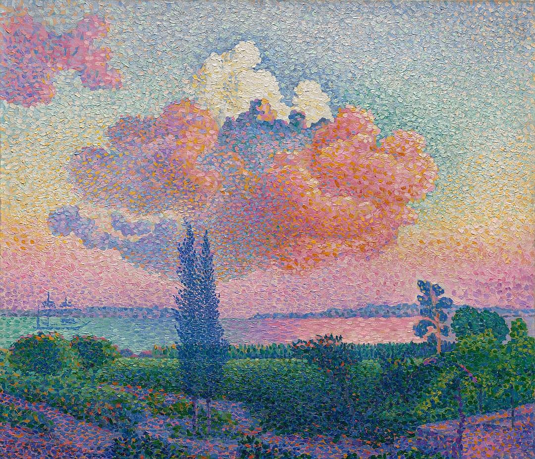 gorgeous clouds in the style of HenriEdmond Cross and [Paul Signac](https://goo.gl/search?artist%20Paul%20Signac), pointillist landscape, pink sky, pale green trees, pale blue sea in the background, pale orange hills, sunset, pink clouds, pale lavender clouds, pointillism style, pointillistic painting, pointilised sky.