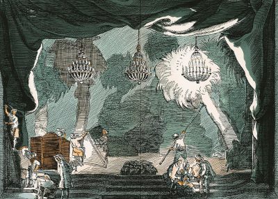 The set design for the opera L'andressé in the style of stravissianovky in an engraving style with people dressed as angels and creatures dancing around them, chandeliers hanging from above, a coffin at one end of stage, white flames blowing out from all sides, in the style of [David Lynch](https://goo.gl/search?artist%20David%20Lynch) drawing, colorized.