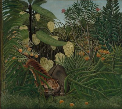 A painting in the style of [Henri Rousseau](https://goo.gl/search?artist%20Henri%20Rousseau) depicting an animal in the jungle, with orange fruit trees and green grasses. The tiger is lying on its back facing away from us, looking through leaves. In the style of snakepunk.