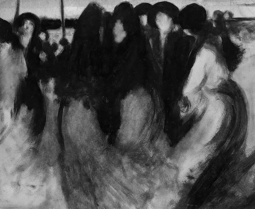 A charcoal drawing in the style of [Edvard Munch](https://goo.gl/search?artist%20Edvard%20Munch) of a group dancing in the street, some women dressed in gauze, black and white, blurred background, dark, blurry, hazy, soft edges, atmospheric, eerie.