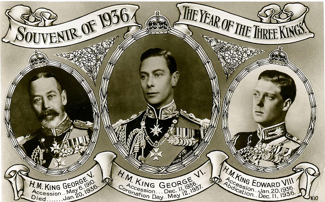 A vintage poster with three oval frames, each featuring portraits of King George V and his sons in military uniforms, along with the text “SAUTHOR OF SOazzoLEMKarL är ONSOBankar”, the year at top center is written as ‘The Year Of The Three Kings’, below that it says ‘H.M.”KING”handled Edwardbuyfriapp landscapes, adding depth to the overall design. A banner across the bottom reads ‘ May 29th 1865 opens a window into time’ . On white background.