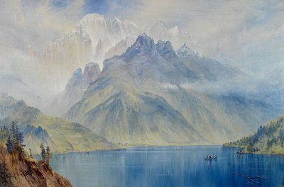 The Alps with Lake: A painting in the style of James Leopard. In the foreground, there is an alpine lake surrounded by high mountains. The water reflects the sky and clouds above it. On one side of the mountain range stands a large peak that rises into the misty air. At its foot can be seen some small boats on the surface of the blue waters. There were people in them who held oars to sail across the calm sea. It was painted in soft pastel colors using oil paints.