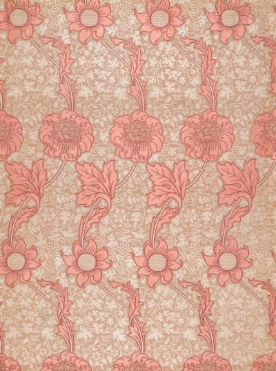 Vintage wallpaper in the style of [William Morris](https://goo.gl/search?artist%20William%20Morris) in peach color, with a floral pattern, vintage and elegant with detailed designs.