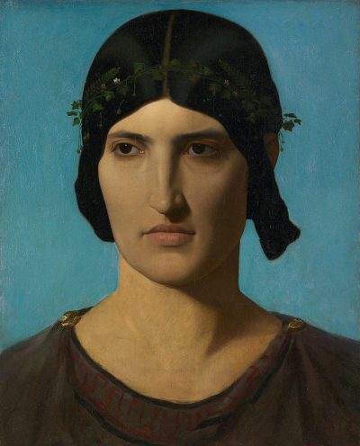 An oil painting in the style of [Giorgio de Chirico](https://goo.gl/search?artist%20Giorgio%20de%20Chirico) of an attractive young man with black hair, wearing dark medieval  and small green leaves in his head against a blue background.