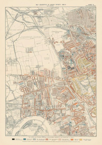 map depicting the location of slums and thundersteet areas in London, circa late 20th century " , vintage illustration, pastel colours, white background, clean lines, high resolution