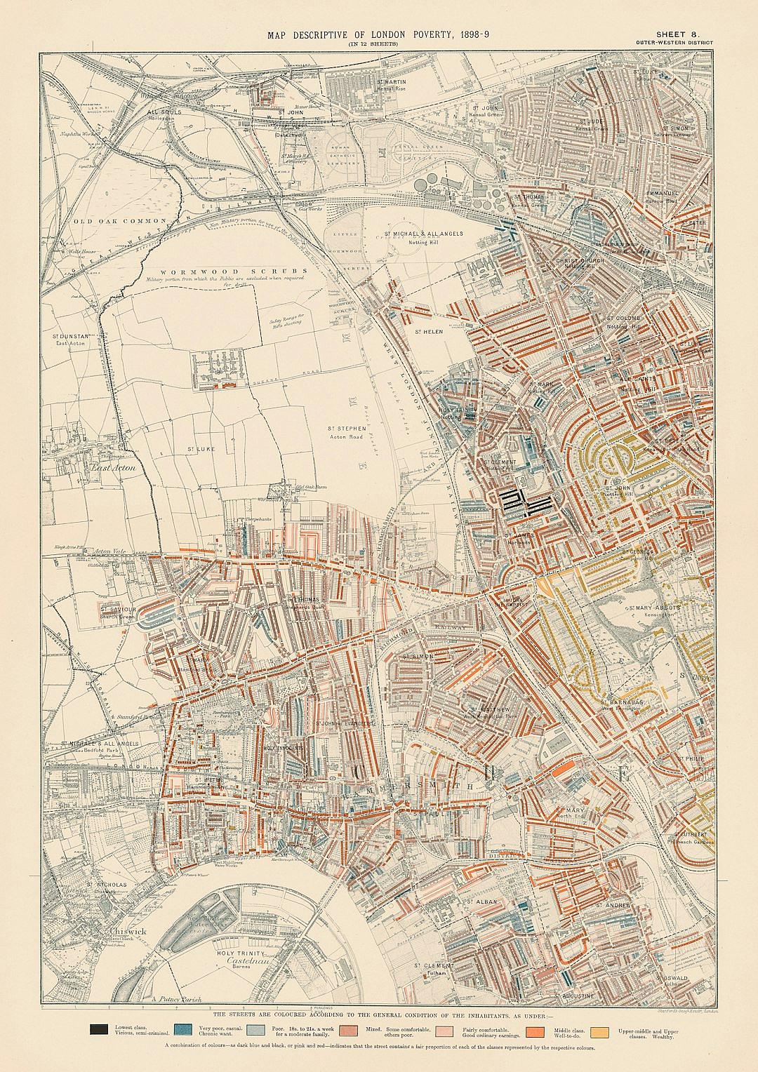 map depicting the location of slums and thundersteet areas in London, circa late 20th century ” , vintage illustration, pastel colours, white background, clean lines, high resolution