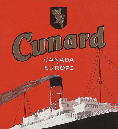 Vintage style matchbook cover illustration in a flat design with no text depicting "Cunard Canada to Europe". A depiction of Cunards of the Mediterranean in front of a white tower with a red background, with a large black logo on the ship's bow and the top half painted in bright colors in the style of a vintage matchbook cover illustration.