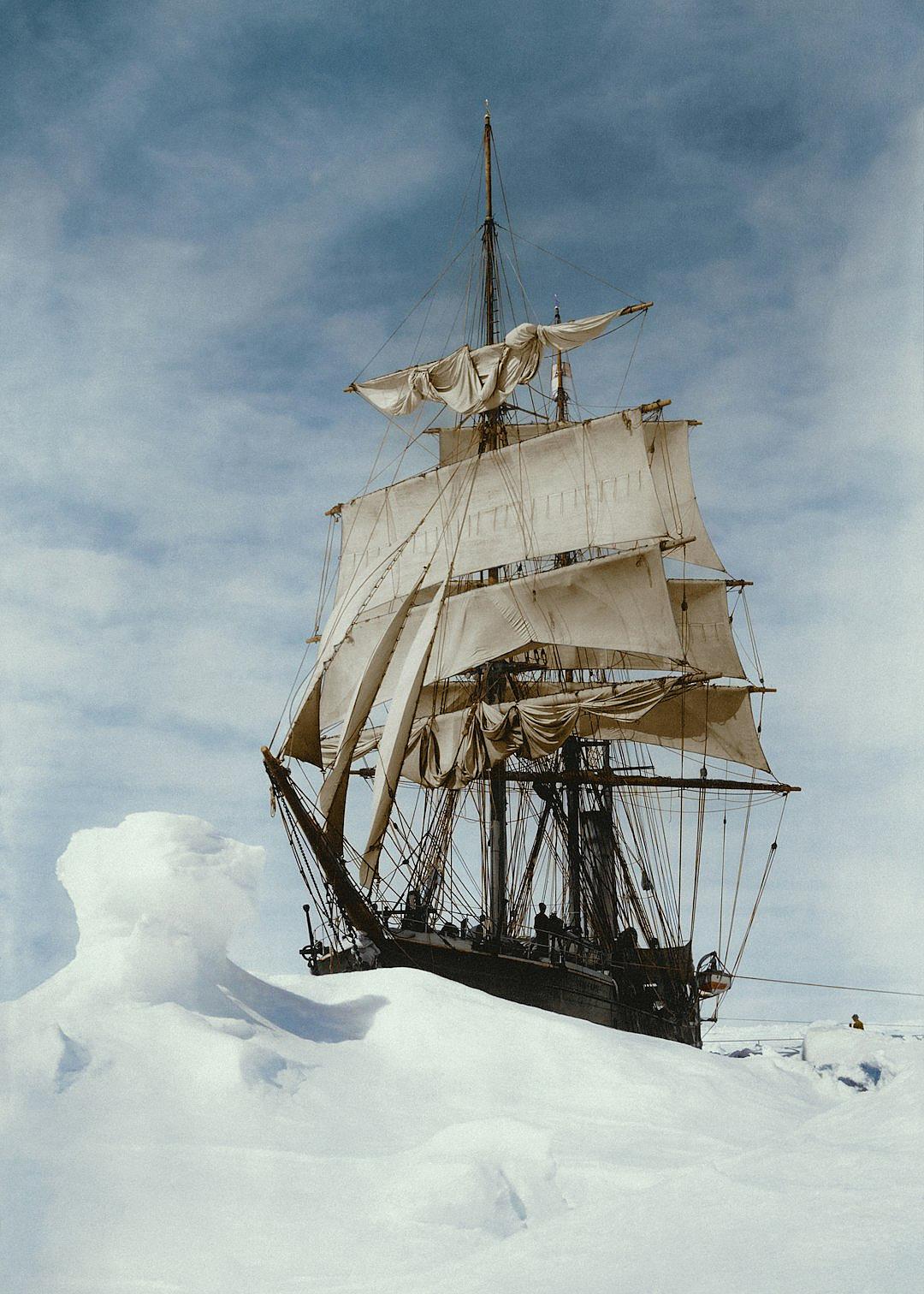 The James mustering sailing ship stuck in the snow, antarctica 20th century polar exploration, color photo