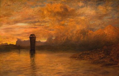 An oil painting in the style of Atkinson Grimshaw of the golden sunset over a lake with an old lighthouse in the distance. The sky is full of orange and yellow hues, the water reflects these colors, creating a warm atmosphere. In front of it stands tall rocks on which perches the black silhouette of an ancient watchtower that can be seen faintly against the background of distant mountains, painted in muted tones of dark brown and amber, creating an impressionist effect.