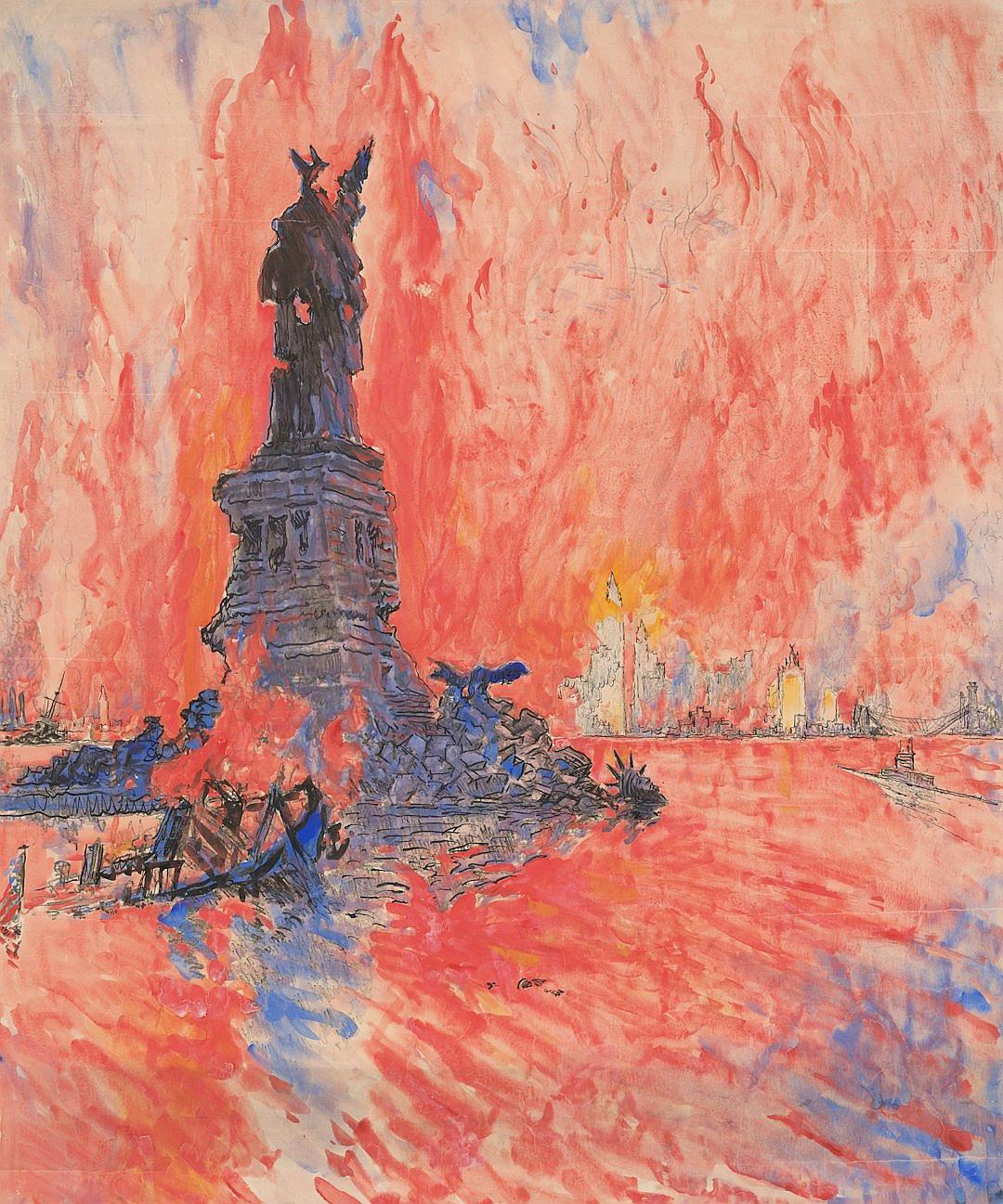 in the style of [Henry Darger](https://goo.gl/search?artist%20Henry%20Darger), drawn by [Egon Schiele](https://goo.gl/search?artist%20Egon%20Schiele), statue of liberty on fire in front of people covered with soot and ash after an explosion, red sky over water, bright colors, reds pinks oranges yellows, high contrast, very detailed, very colorful, pencil sketch with ink pen outline, from behind