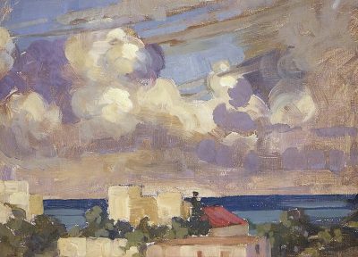 An oil painting of clouds in the sky above buildings and sea, in the style of Edgar Payne, tonalist painter. Purple, green and blue colors, richly detailed genre paintings with brush strokes creating an atmospheric and beautiful cloudscape.