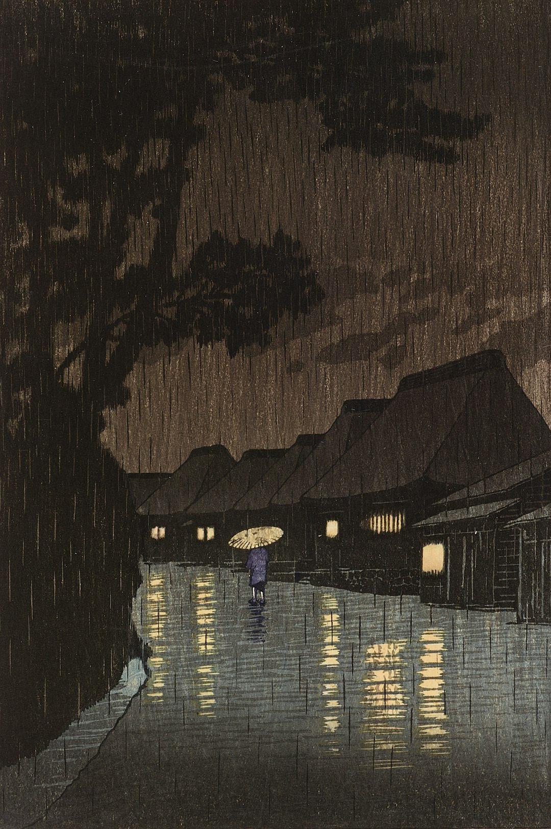 In the night, there was an ancient Japanese village with thatched houses and a person walking on rainy streets holding up their umbrella. The sky was black in color, and it rained heavily. There were lights shining from some of the houses, creating a dimly lit scene. In the style of Ukiyoe, the wooden printmaking style features dark wood grain patterns. It has a wet surface effect, and raindrops can be seen on its edges with dim lighting.