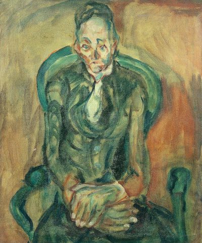 A painting of an old man sitting in a green chair, in the style of [Chaim Soutine](https://goo.gl/search?artist%20Chaim%20Soutine), with dark blue and light emerald colors, in a sophisticated style, showing elegant  and detailed facial features in a full body portrait, with his hand on his chest.