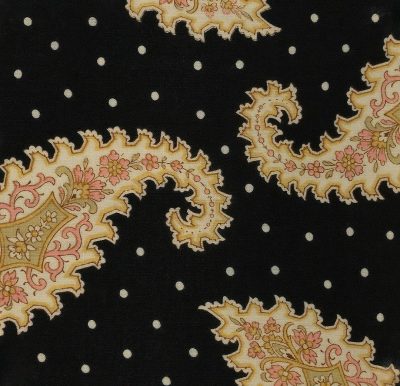 A pattern of small white dots on a black background with pink and gold paisley, a vintage French fabric design in the style of Mary Krammle.