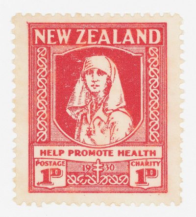 A New Zealand postage stamp with the words "new zealand" and below it says "help promote health". The illustration on it is of an icon depicting St James in traditional style holding medical equipment, with red ink on white paper. In one corner above her head we see something like a coat or cloak with inscriptions saying 'Charity'. There's also text underneath reading 'post' and another line at bottom that reads 'helping to promote life'. Surrounded by bordering decoration.