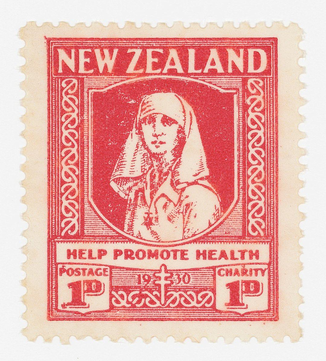 A New Zealand postage stamp with the words “new zealand” and below it says “help promote health”. The illustration on it is of an icon depicting St James in traditional style holding medical equipment, with red ink on white paper. In one corner above her head we see something like a coat or cloak with inscriptions saying ‘Charity’. There’s also text underneath reading ‘post’ and another line at bottom that reads ‘helping to promote life’. Surrounded by bordering decoration.