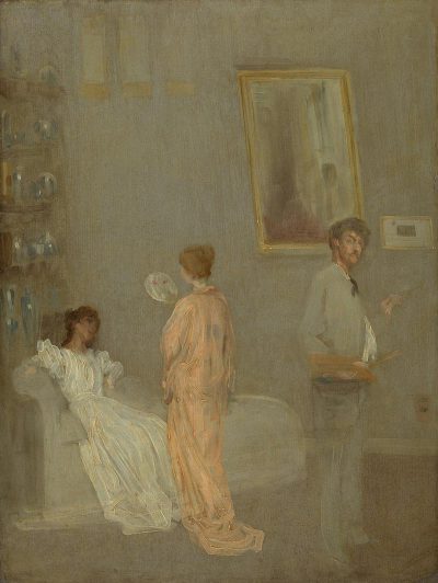 The Three T_POSITIONS by James McNeill Whistler, A man paints two women in pastel colors on the wall of an empty room, with one woman sitting and another standing next to her. The background is light gray, with soft lighting creating gentle shadows that highlight their features. This painting symbolizes self?" word "a concept of identity through art. It conveys mood of calmness, contemplation, creativity, and introspection. The overall atmosphere reflects simplicity, elegance, serenity, or tranquility.