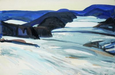 oil painting in the style of [Fairfield Porter](https://goo.gl/search?artist%20Fairfield%20Porter), wide angle view of a snowy plain snow covered landscape with dark blue mountains in the distance, a large frozen lake in the foreground, a minimalist palette, loose brush strokes, abstract expressionism, oil on canvas, heavy thick paint