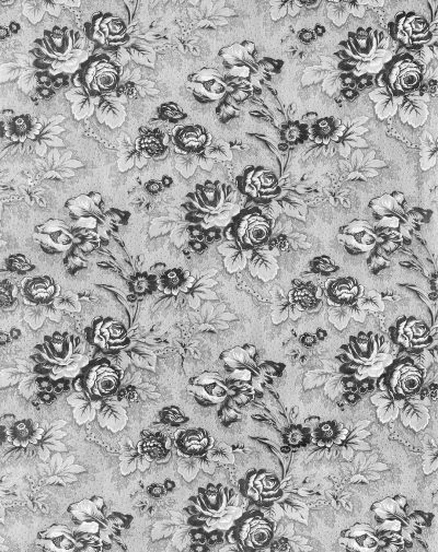 A vintage wallpaper pattern with black and white roses, delicate lace details, and an elegant floral arrangement. The design incorporates charcoal gray and silver for contrast against light grey background. This print is perfect as a textured wall art piece or textile material in highend interiors.