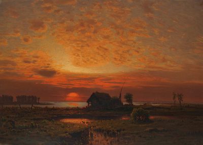 [Ivan Shishkin](https://goo.gl/search?artist%20Ivan%20Shishkin), painting of a sunset over marshland with an old house in it in the style of [Ivan Shishkin](https://goo.gl/search?artist%20Ivan%20Shishkin).