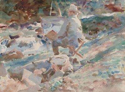 A watercolor, vintage style painting of an old man in the river with his artist's easel and palette next to him. There is another painter dressed as a fisherman in light colors, in the style of [John Singer Sargent](https://goo.gl/search?artist%20John%20Singer%20Sargent).