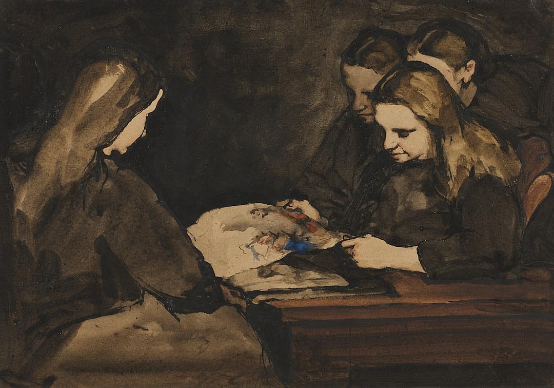 watercolor, three young women sitting at a table writing on paper with an ink pen and pencil in their hands, wearing black dresses with long sleeves and brown cloaks around their shoulders against a dark background, in the style of David Henry [Fornasetti](https://goo.gl/search?artist%20Fornasetti),